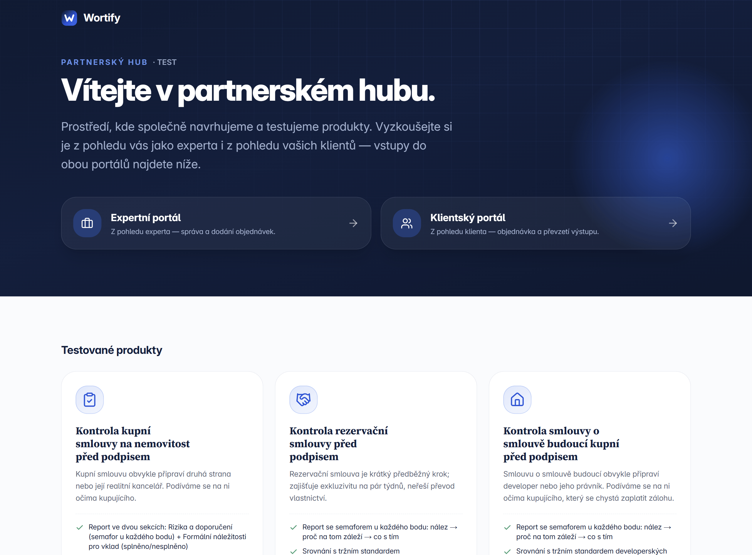Partnerský hub — testovací prostředí Wortify